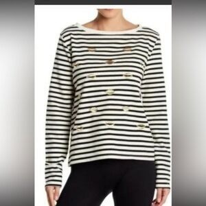 Betsey Johnson Black and White Striped Gold Lips Long Sleeve Top Women’s XL